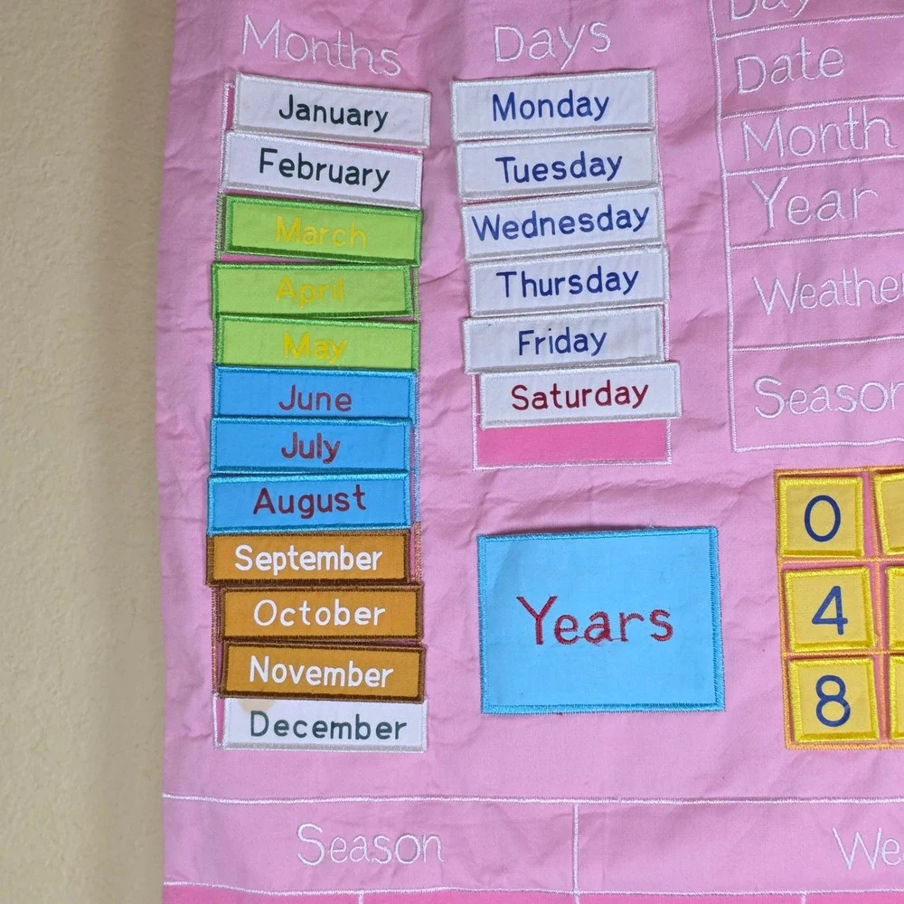 Kids Interactive Fabric Wall Calendar Pink Educational‎ Weather Season Chart